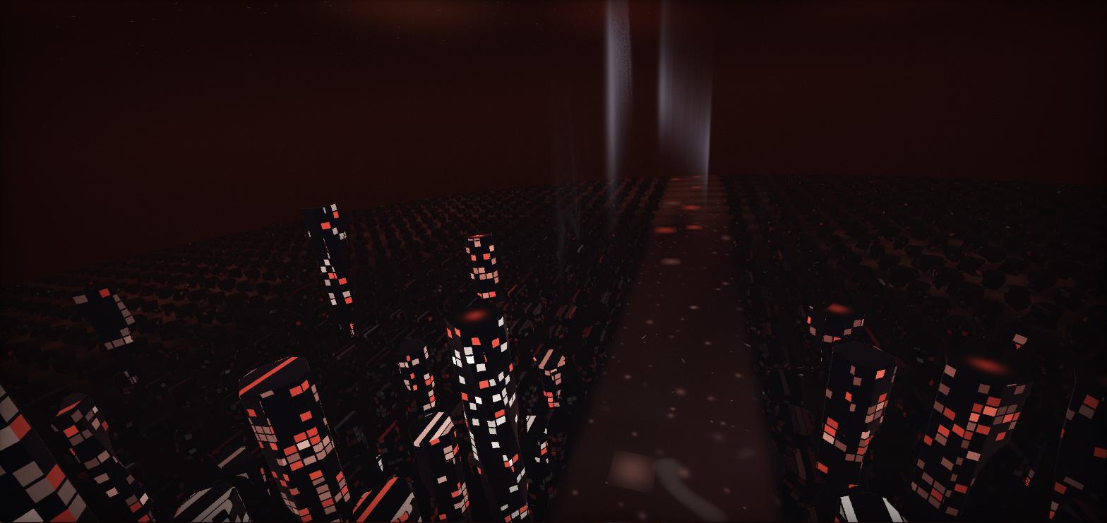 A field of dark towers with crimson and white windows under a black-red sky, searchlights over a glittering river corridor