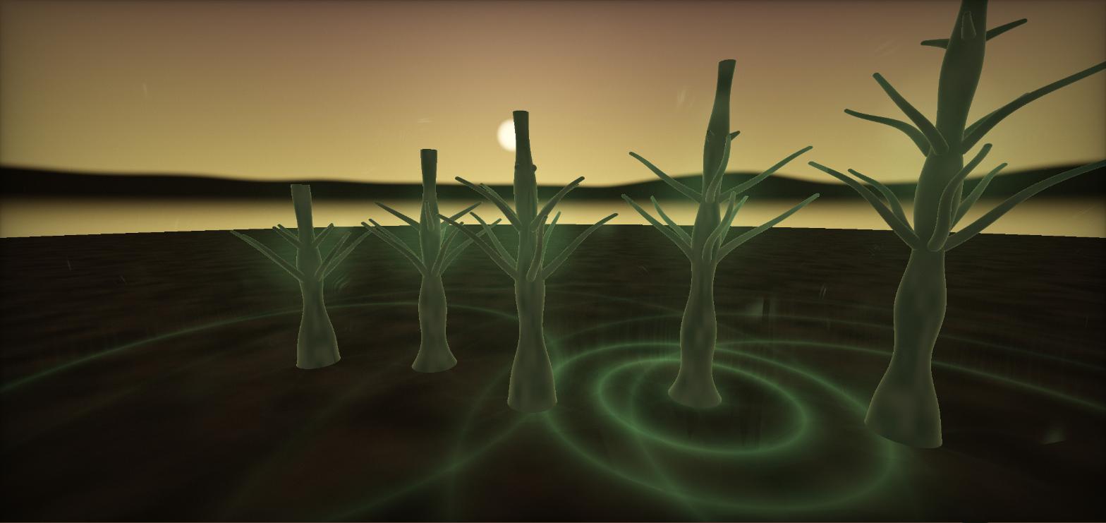 Five green trees rising from dark loam against a golden daybreak sky, ripple rings of green light on the ground