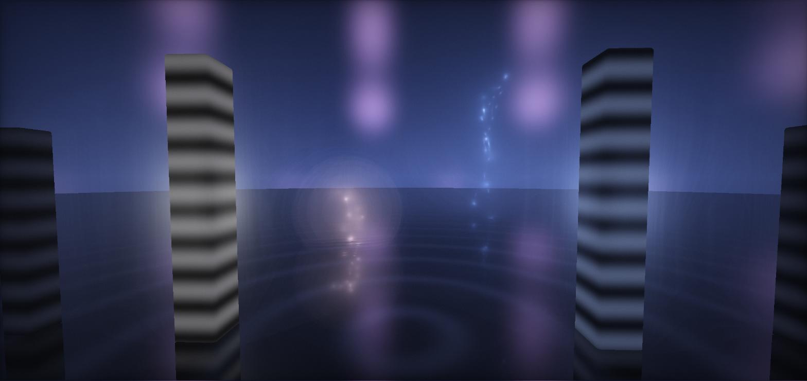 Two banded pillars on a dark reflective floor; dancers made of glowing points hover between them
